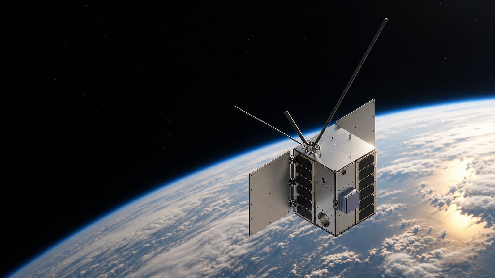 Render of the Global Girrlz SAT 12U CubeSat in orbit above Earth, solar panels deployed against the planet's limb.